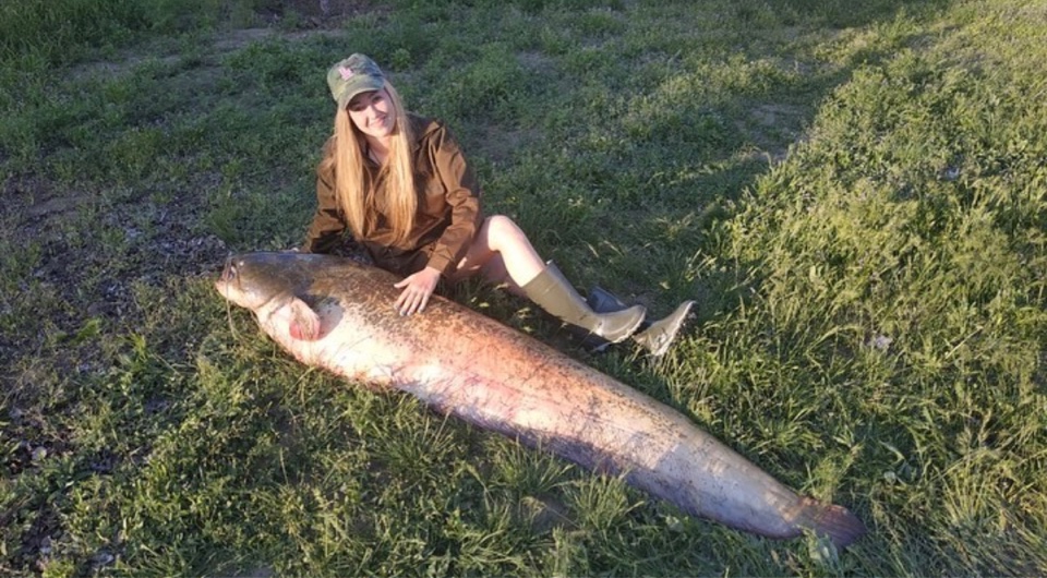 Красавица в Астрахани поймала огромного сома